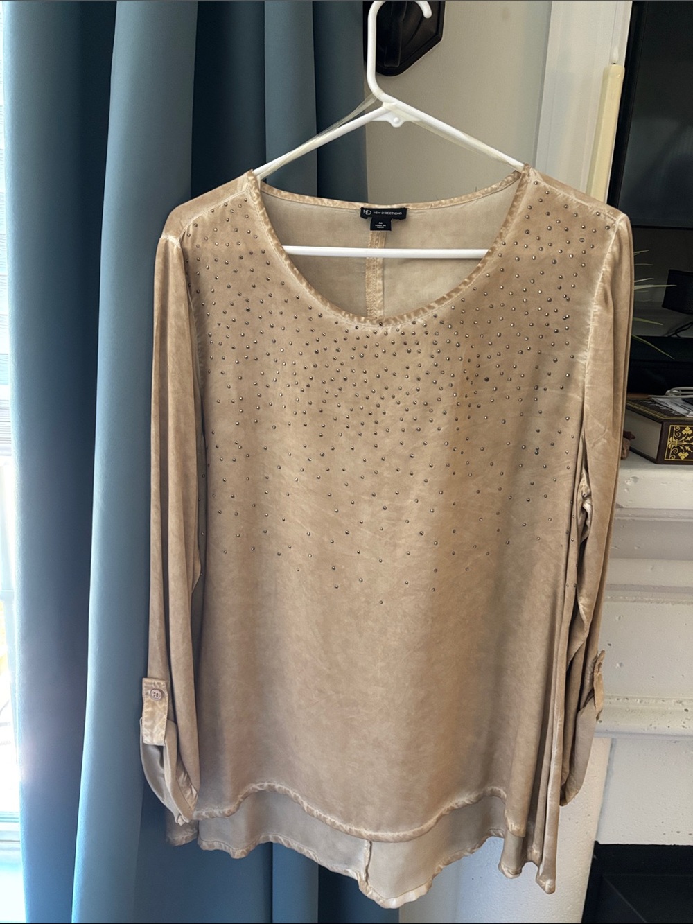 new directions Champagne-Beige Studded Long-Sleeve Satin Top